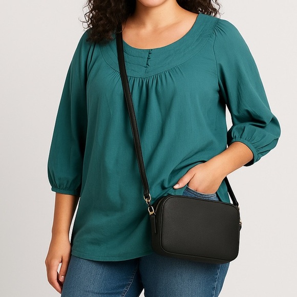 Ellos Turquoise  Smocked Puff Sleeve Top Sz Large - Picture 1 of 8